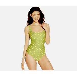 Kona Sol Women's Medium One Piece Swimsuit‎ Green Polka Dot Strappy Back Padded